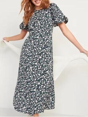Old Navy Navy Floral Maxi Dress with Puff Sleeves And Open-Back